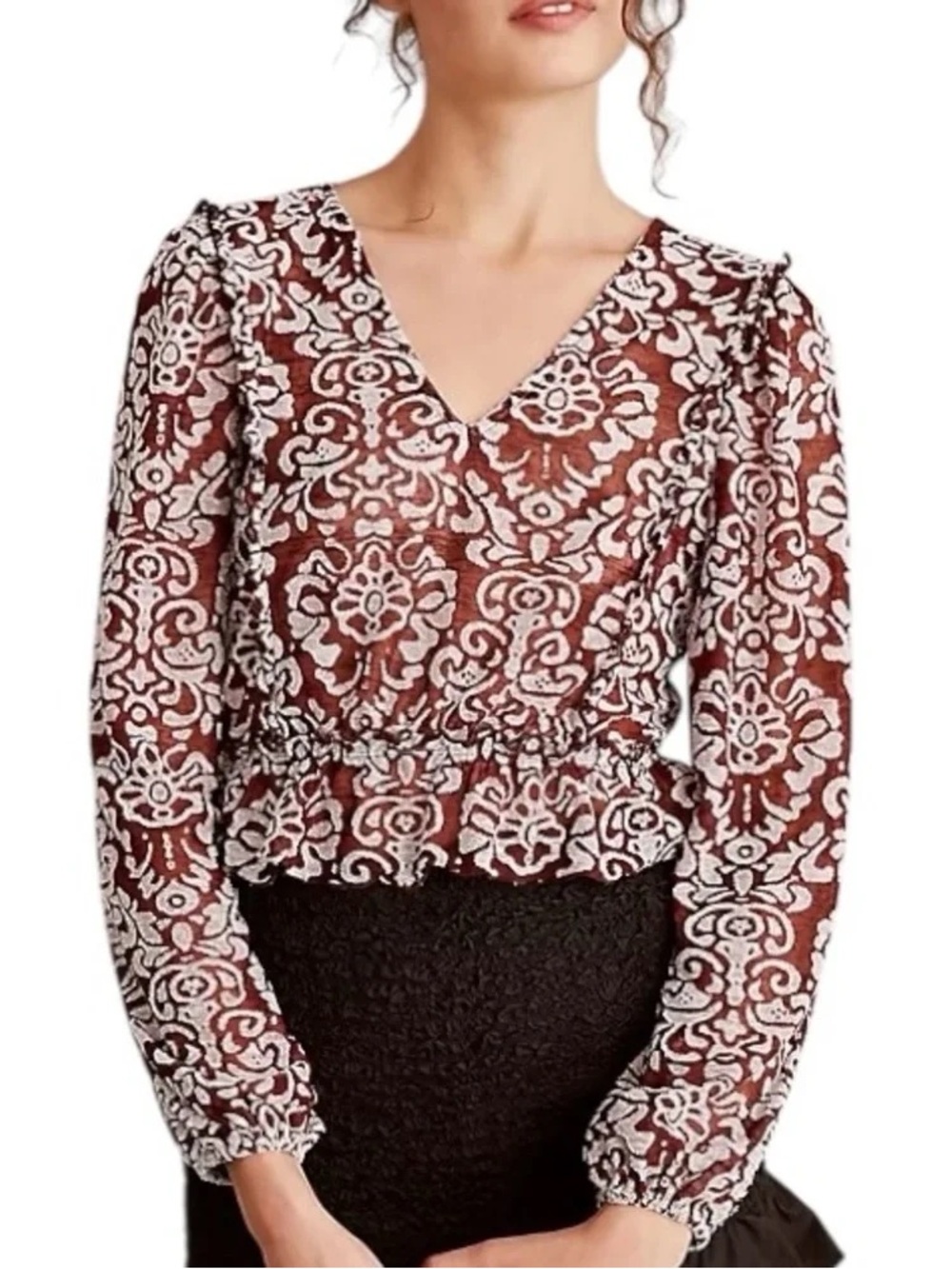 Anthropologie Burgundy Floral Lace Peplum Long Sleeve Top